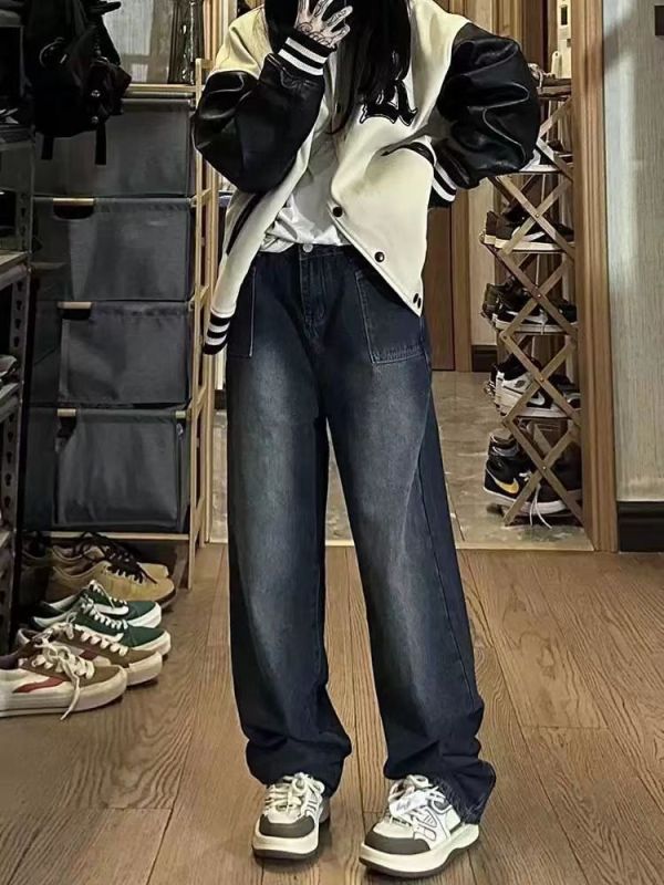 Retro washed black jeans for women spring new style high waisted slimming wide leg pants floor mopping trousers