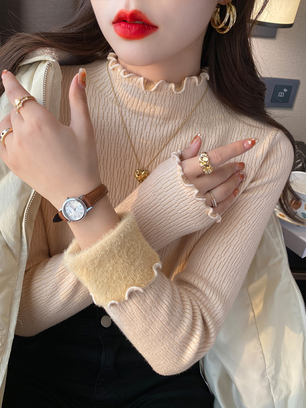 Autumn and winter velvet sweater for women, thickened fungus edge, half turtleneck pullover, stylish knitted bottoming shirt, warm top