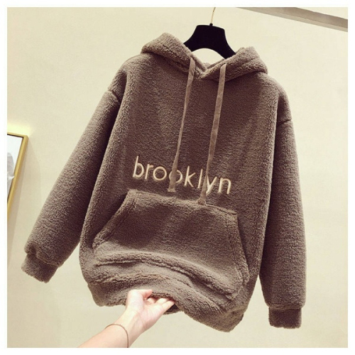 24 new autumn and winter lamb velvet sweatshirt Korean style loose hooded top plus velvet thickened warm jacket for women