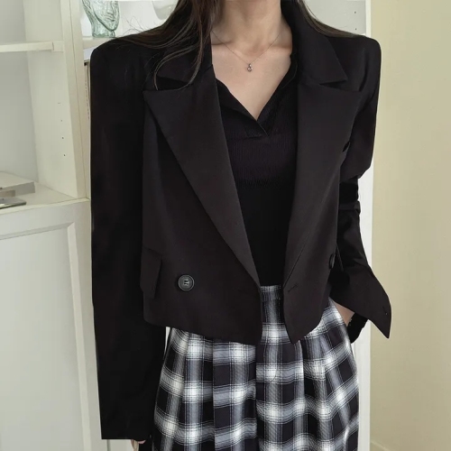 chic Korean style autumn and winter high-end suit collar double-breasted loose versatile versatile short high-waisted jacket blazer