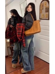 Retro blue high-waist straight jeans for women spring and summer new large size fat mm slimming loose wide-leg floor-length trousers