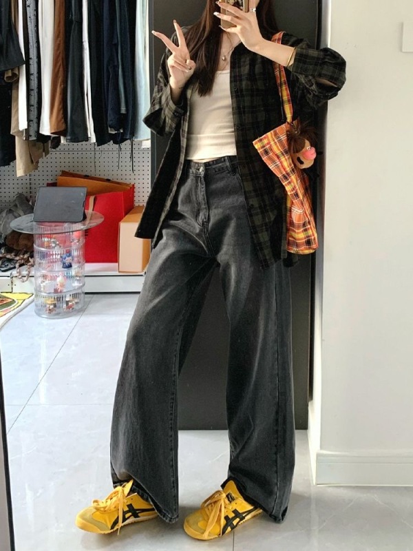 Black and gray retro washed jeans for women spring new high-waisted straight loose wide-leg floor-length trousers