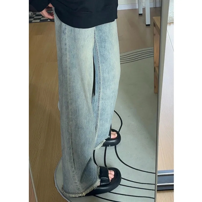 Retro distressed wide-leg jeans for women summer new high-waisted loose and versatile drapey floor-length straight pants