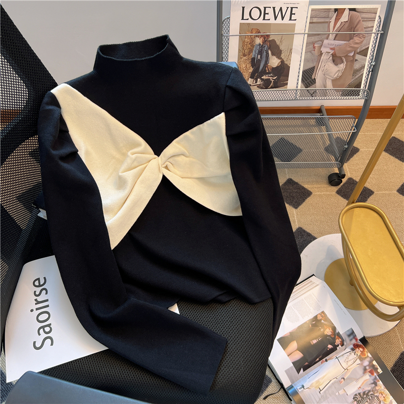Bottoming shirt women's design niche stitching bow knitted sweater slim half turtleneck thickened sweater top