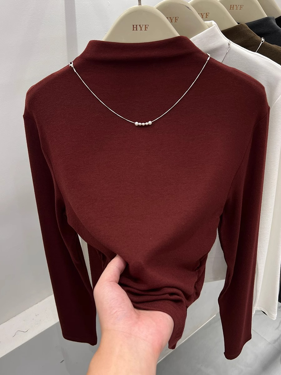 Temperament half-high collar necklace pleated long-sleeved T-shirt for women 2024 autumn new style foreign style slim inner layering shirt top
