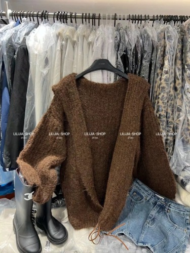 Thirteen Lines 2024 Autumn and Winter Korean Style Loose, Lazy, Versatile Hooded Thickened Thick Needle Lantern Sleeve Cardigan Sweater Jacket