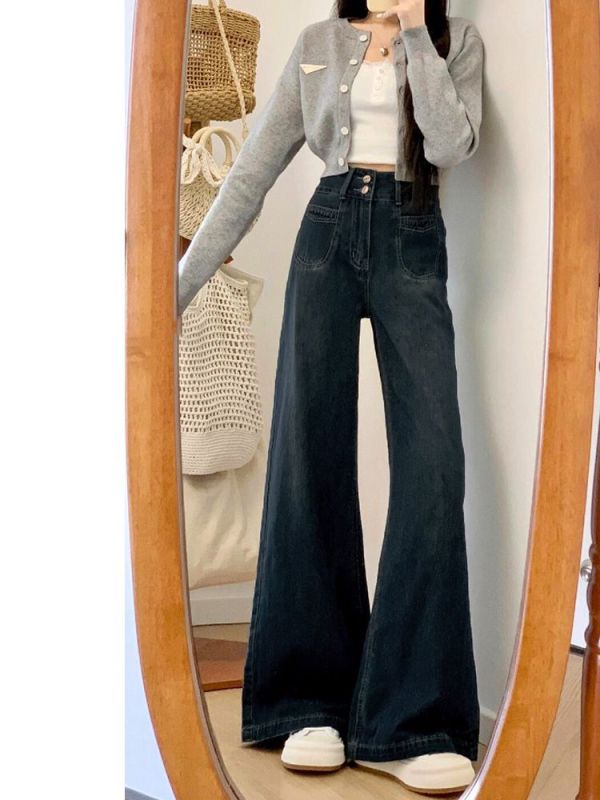 Retro high-waisted lazy slack jeans for women in spring and autumn plus size fat mm pear-shaped figure loose slimming wide-leg pants