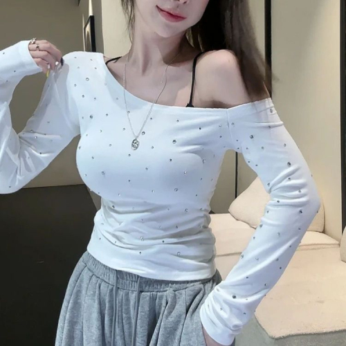 1*1 260g hot girl slant collar off-shoulder long-sleeved T-shirt niche waist slimming versatile fashionable tops cut as you like