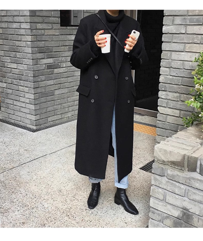 Woolen coat Korean Chic double-breasted f retro suit collar long woolen coat with cotton and thickening
