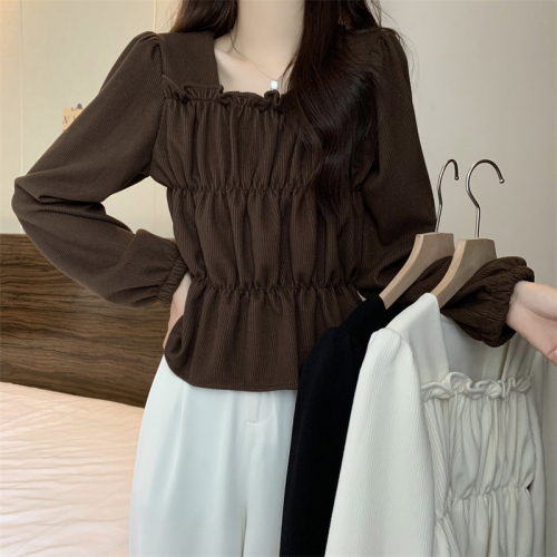 Actual shot of the new Korean style square collar pleated slimming design corduroy pullover shirt