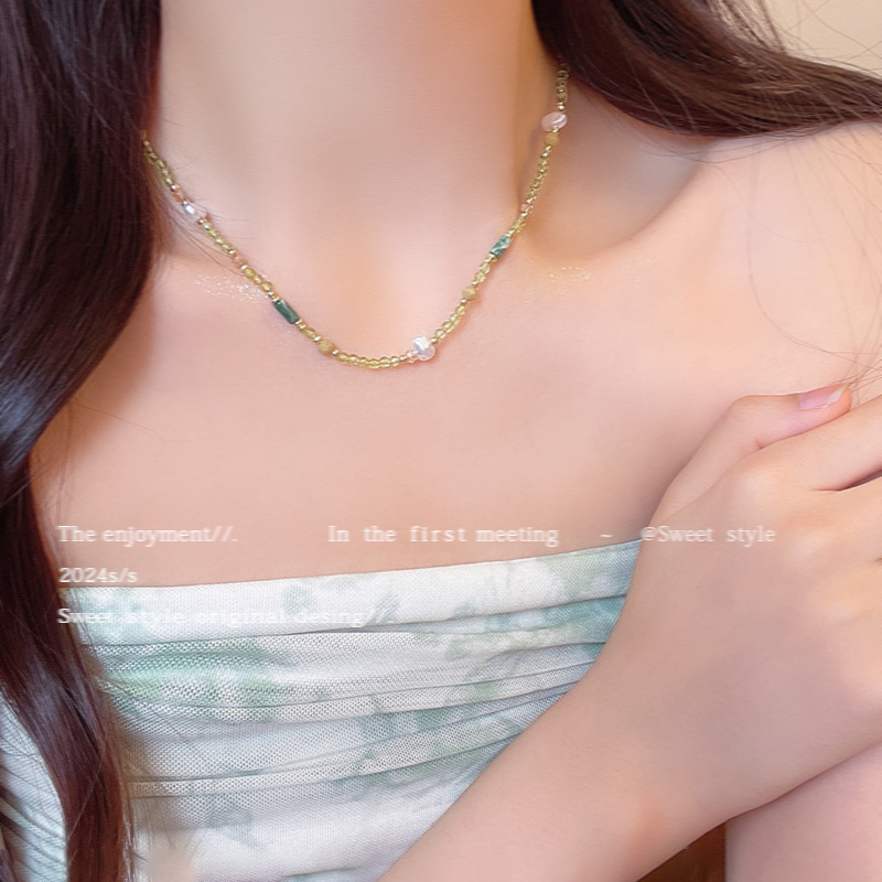 小清新簡約淡綠色串珠項鍊女小眾高級感仿珍珠鎖骨鏈百搭氣質頸鏈