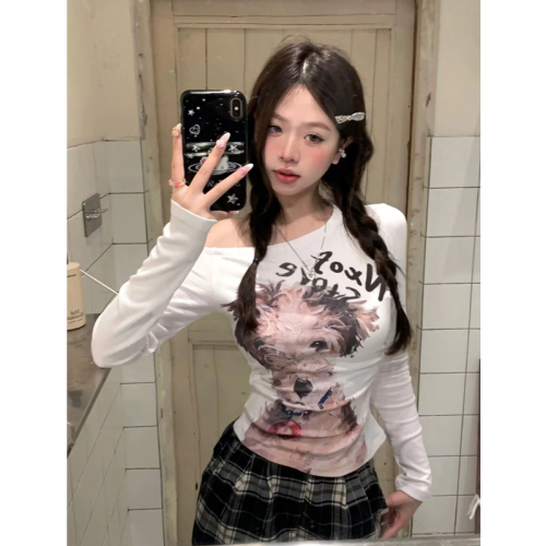 Official picture of ribbed German velvet oil painting dog print long-sleeved women's early autumn off-shoulder T-shirt slim fit top