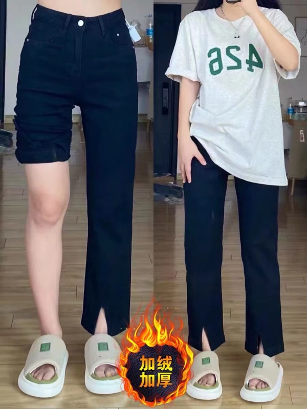 Autumn and winter plus size slimming and versatile Korean version for fat girls, black slit velvet jeans, women's straight pants