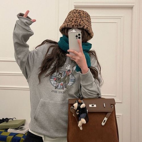 Women's velvet thickened hooded sweatshirt Korean style design niche lazy style autumn and winter coat with hood and loose