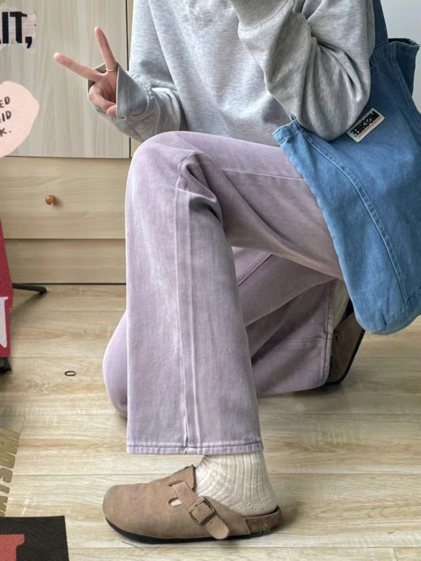 Purple jeans women's Korean style new design niche wide leg slimming high waist distressed straight trousers trendy