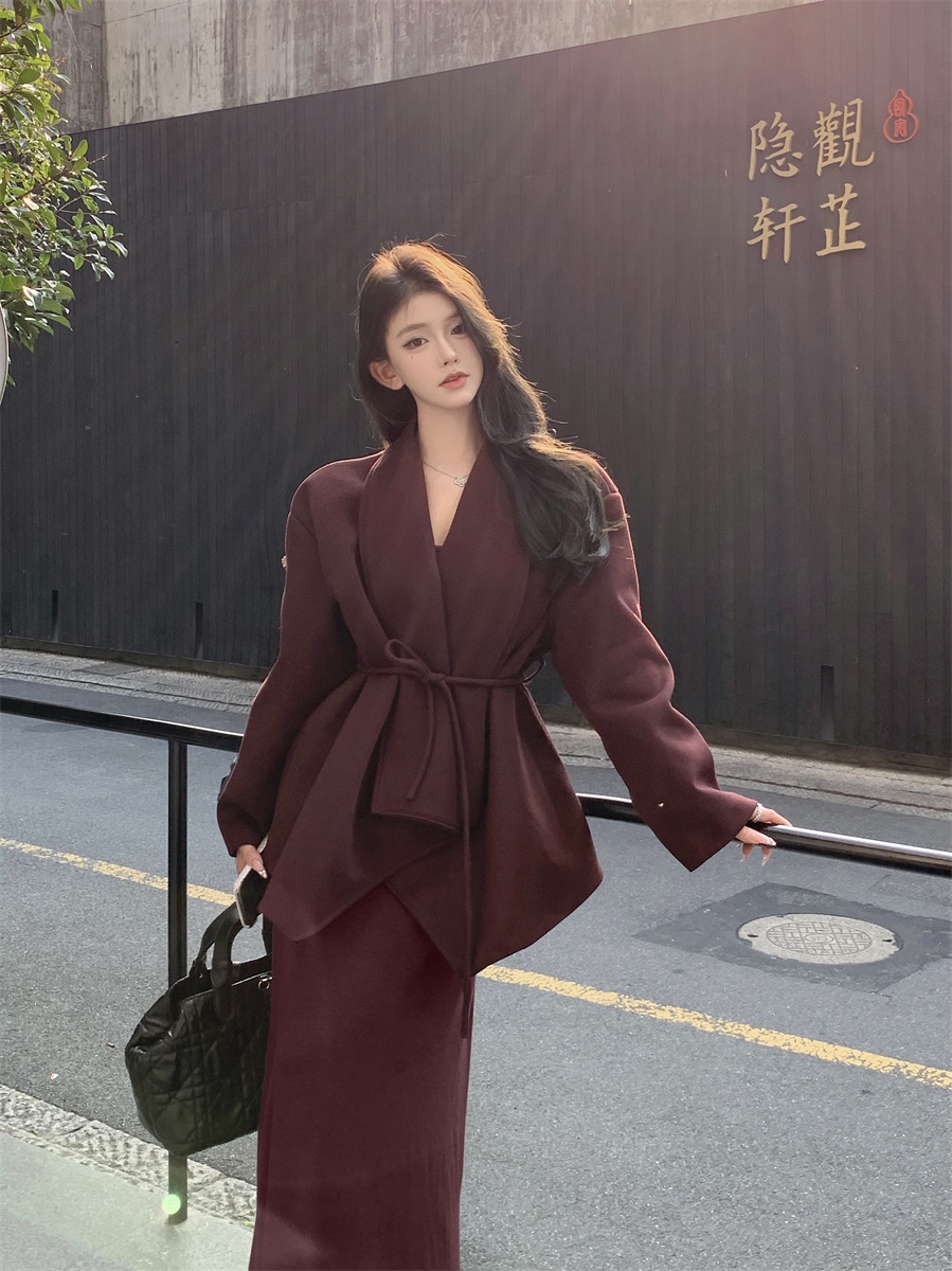 實拍 不規則大翻領寬鬆系帶夾棉毛呢大衣外套+長袖連衣裙套裝