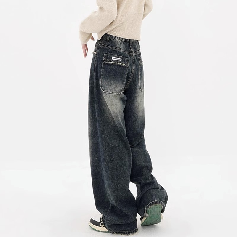 High-waisted wide-leg jeans, plus-size women with fat mm, slimming pear-shaped figure, trendy brand handsome street mopping pants
