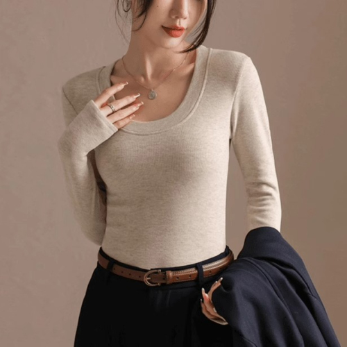 Official photo Sheep velvet thickened long-sleeved T-shirt women's U-neck slim bottoming shirt brushed