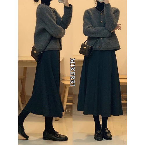 Black woolen skirt for women, spring and autumn plus size fat mm, belly-covering, slimming, mid-length a-line umbrella skirt