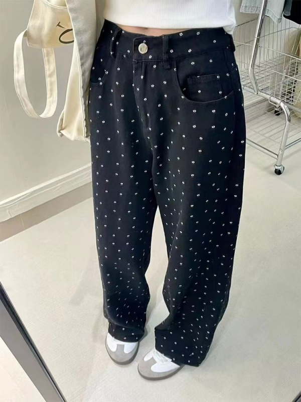 American high-street small flower jeans for women, high-waisted loose polka-dot straight wide-leg pants, versatile floor-length black pants