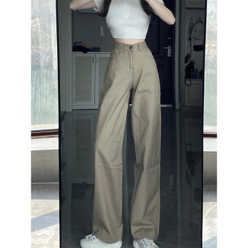 Khaki straight jeans for women spring new fat mm plus size women's pants loose slimming high waist wide leg pants