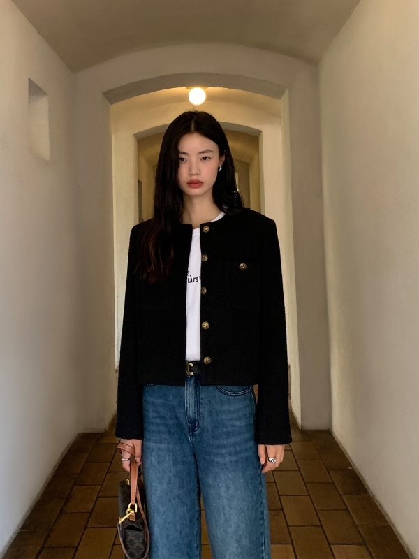Black small fragrant style short coat slimming high-end versatile temperament wool top women's new style