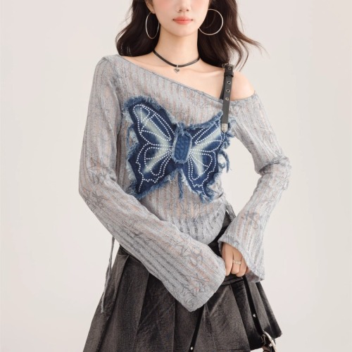 2024 new autumn style women's niche splicing denim bow short slimming off-shoulder drawstring long-sleeved T-shirt top