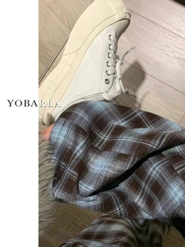 Original woven plaid straight casual pants for women high waist spring and autumn new large size fat mm slimming pear wide leg pants