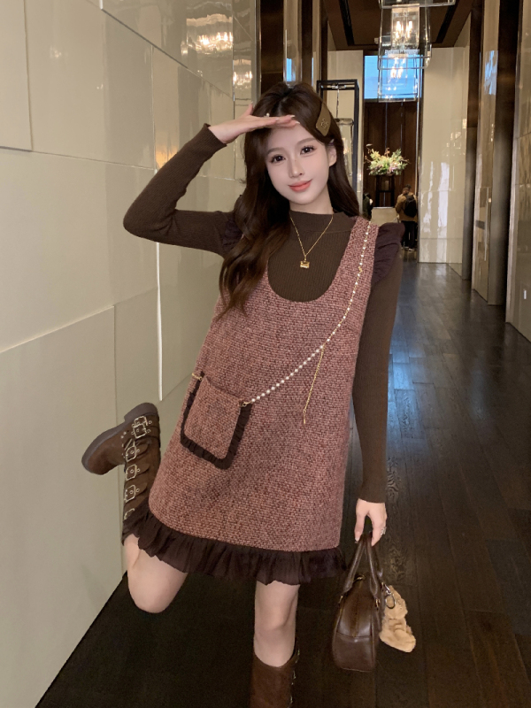 Plus size women's small fragrant ruffle suspender dress suit waist slimming vest skirt two-piece set