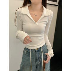 Real shot of autumn and winter Korean style polo raglan slim fit and versatile pure cotton long-sleeved inner T-shirt top