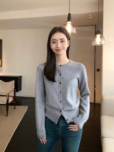 Black round neck knitted cardigan for women's outer wear spring and autumn Korean style loose slimming sweater top