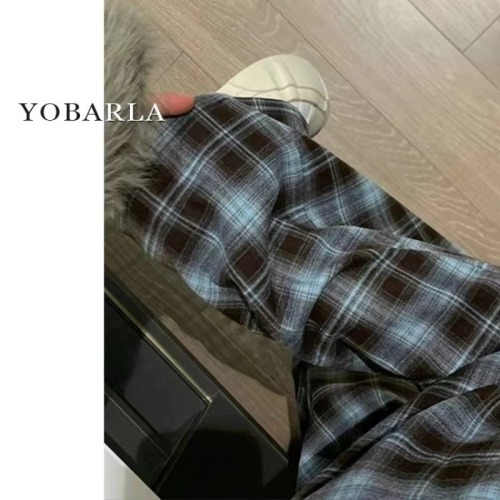 Original woven plaid straight casual pants for women high waist spring and autumn new large size fat mm slimming pear wide leg pants