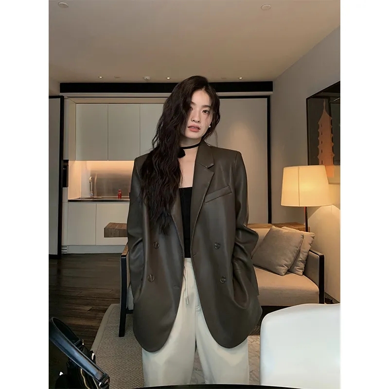Brown retro PU leather suit jacket for women spring and autumn new style loose casual temperament high-end top