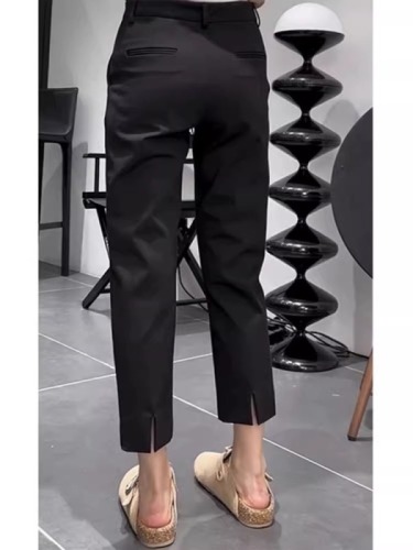 FYQ-Summer thin slit suit casual pants for women with pear-shaped body, high waist, slim straight nine-point pants