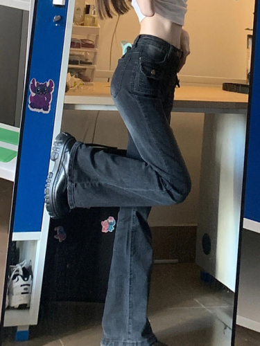 Not a real shot of American retro niche design high-waisted slimming micro-flared floor-length jeans for women