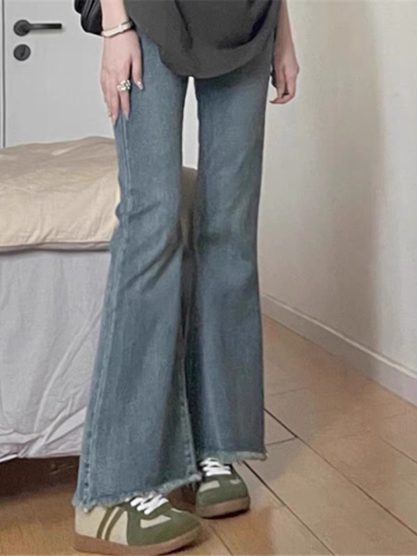 Retro raw edge micro-flare jeans for women summer new high-waist slim versatile horseshoe pants trendy