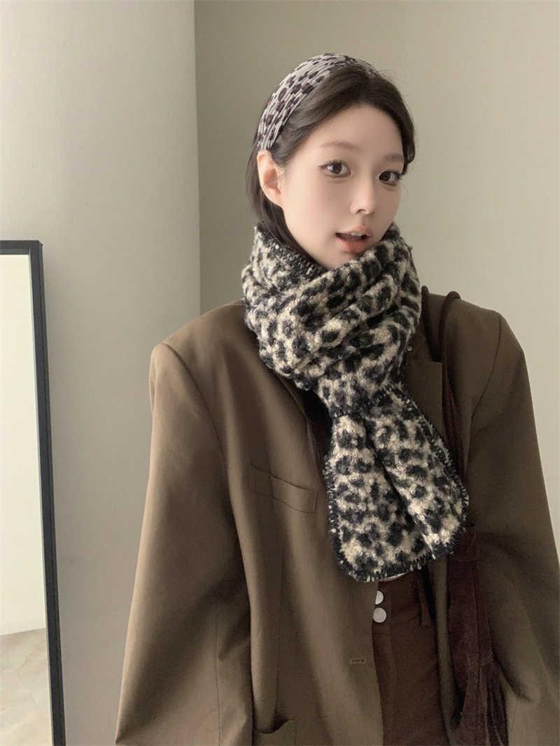 實拍價 復古豹紋圍巾女秋冬辣妹風仿羊羔毛加厚保暖護頸圍脖