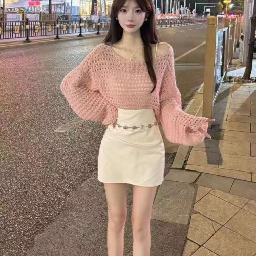 Internet celebrity's same design pink girl's hollow pullover short knitted sweater top