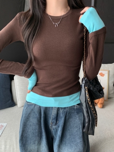 Actual shot# 1*1 thread 270g 2024 autumn and winter half turtleneck long-sleeved T-shirt for women fake two pieces contrasting color