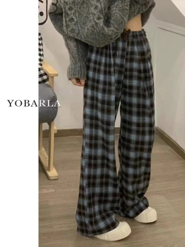 Original woven plaid straight casual pants for women high waist spring and autumn new large size fat mm slimming pear wide leg pants