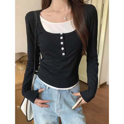 Fake two-piece square neck long-sleeved right-shoulder T-shirt for women in autumn hot girl slim-fitting short design top bottoming shirt