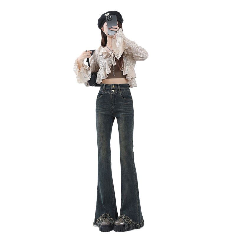 Autumn and winter velvet thickened retro high-waisted bootcut jeans for women, stretch slimming tassel floor-length mopping pants, trendy