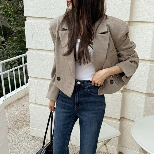 chic Korean style autumn and winter high-end suit collar double-breasted loose versatile versatile short high-waisted jacket blazer