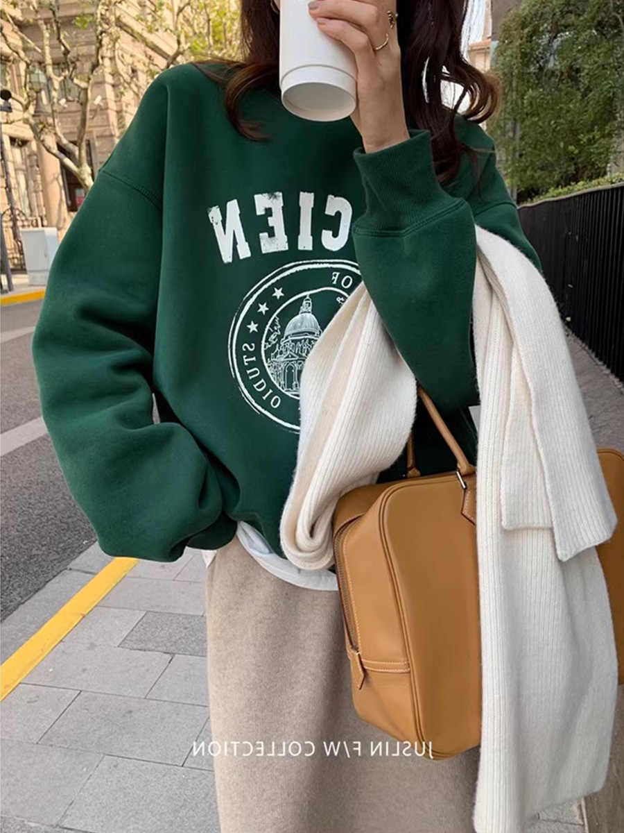 加絨復古字母印花衛衣女韓版寬鬆慵懶風無帽圓領上衣