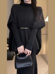 Xiaoxiang Hepburn style black knitted dress for women autumn new early autumn tea style outfit complete set