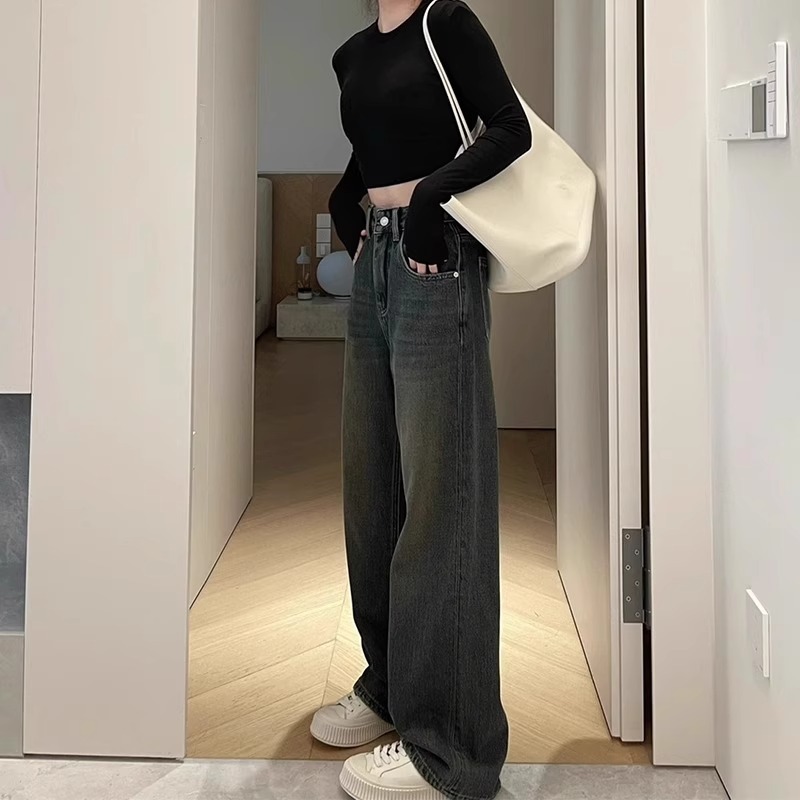 Cement Gray Straight Jeans Women's Autumn New High-waisted Narrow Pants Fat mm Covering Slim Floor-Mopping Pants