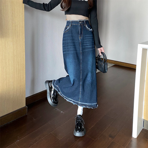 Plus size women's retro raw edge denim skirt women's mid-length pear-shaped wear high waist large size a-line skirt