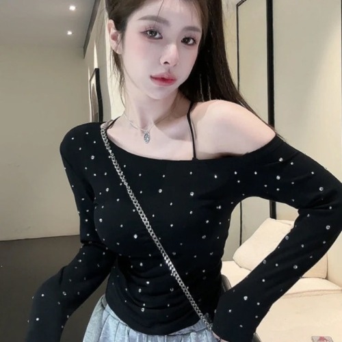 1*1 260g hot girl slant collar off-shoulder long-sleeved T-shirt niche waist slimming versatile fashionable tops cut as you like