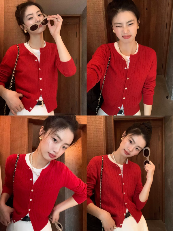 Red twist knitted cardigan for women spring and autumn new round neck versatile sweater jacket short top