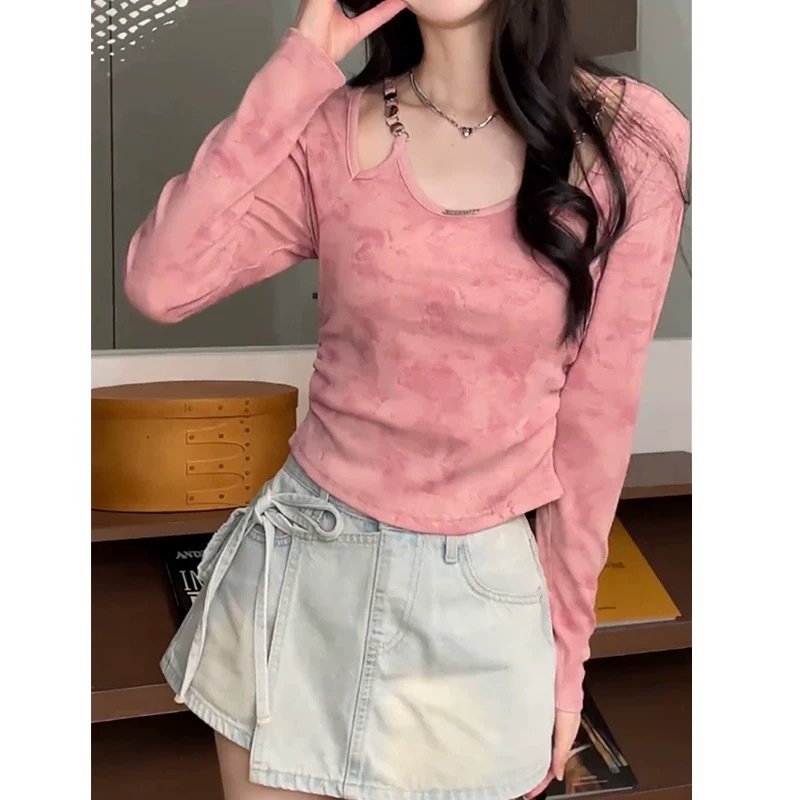 Plus size 2024 autumn new fashion slim and versatile tie-dye slim ins style long-sleeved design tops